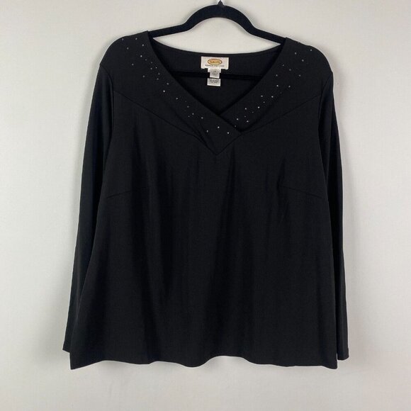 Talbots Rhinestone Embellished V-Neck Long Sleeved Black Top Size 1X Blouse - Picture 1 of 10